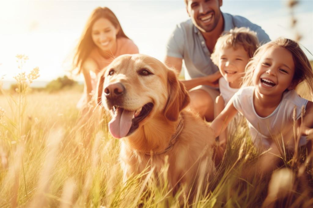 Familie mit Hund auf Feld